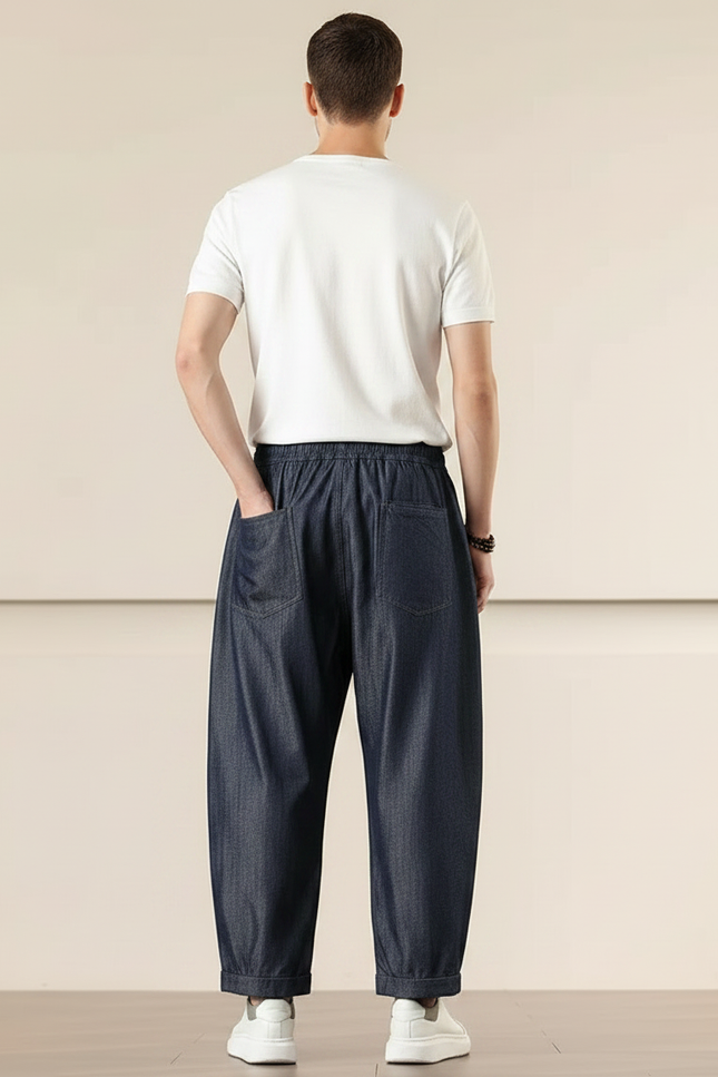 Pantalon Chinois Harem Ample Denim Bleu Marine Décontracté - Jean - vue 2