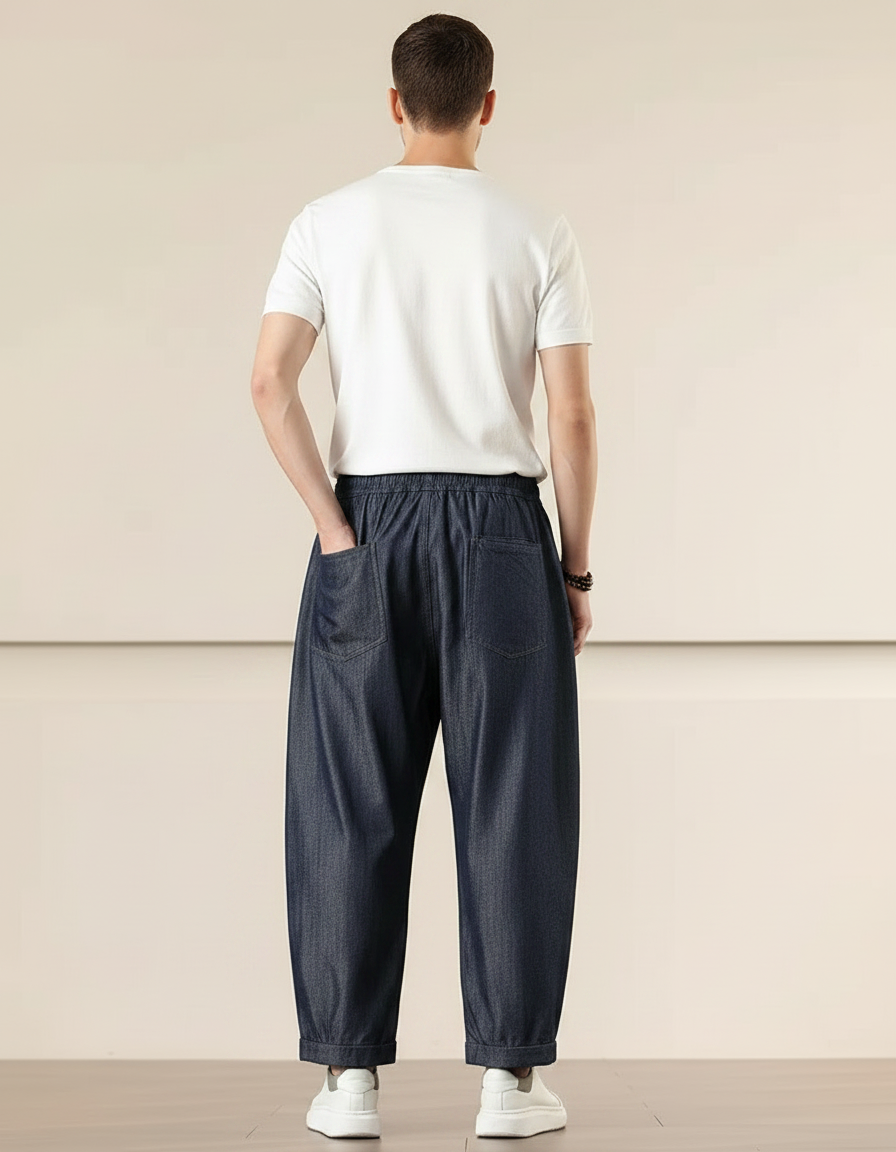 Pantalon Chinois Harem Ample Denim Bleu Marine Décontracté - Jean - vue 2