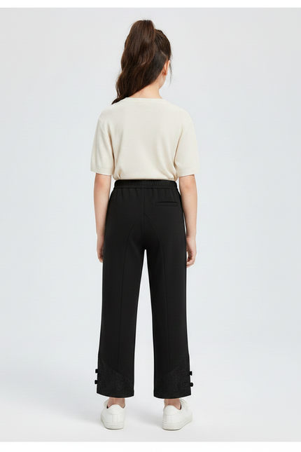 Pantalon Chinois Noir Ample Brodé Boutons Fille - Maille - vue 2