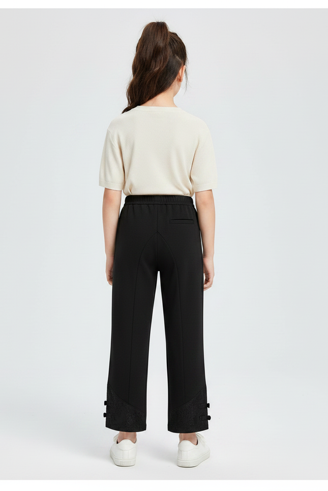 Pantalon Chinois Noir Ample Brodé Boutons Fille - Maille - vue 2
