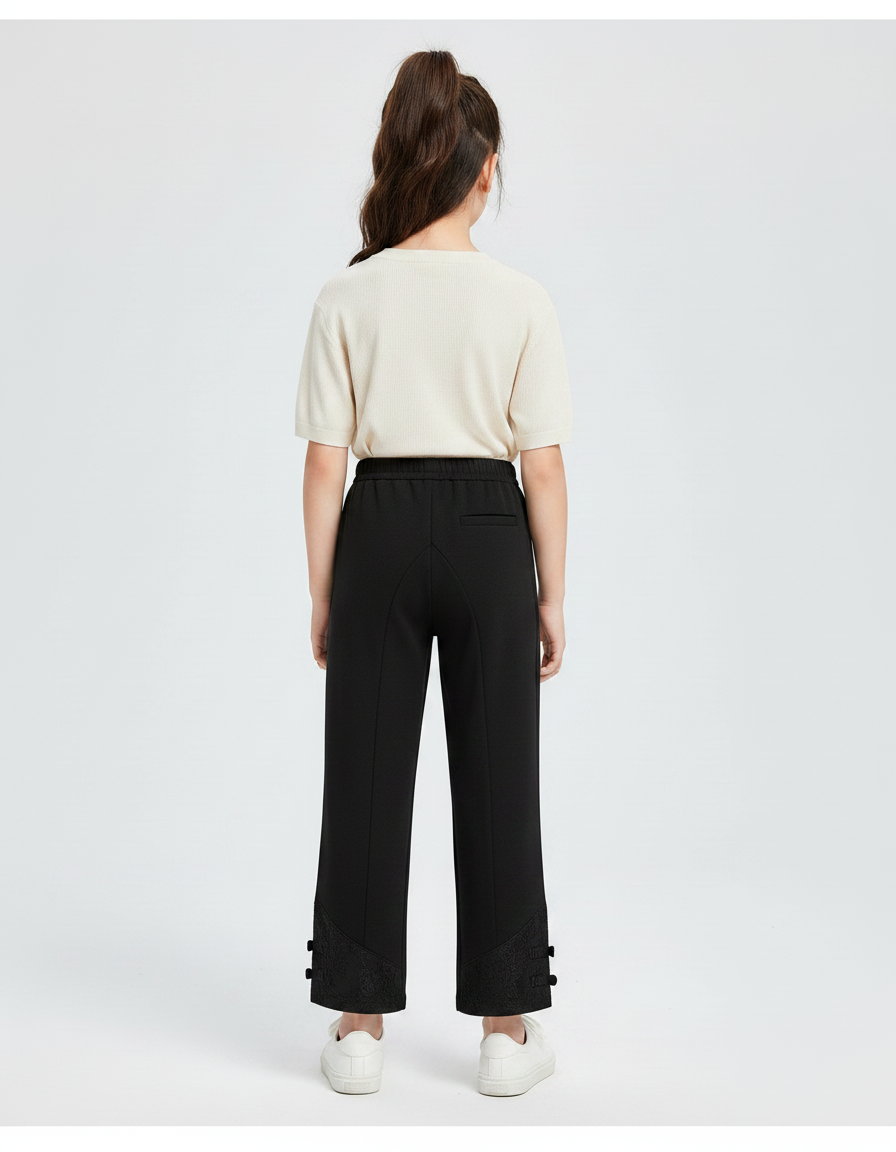 Pantalon Chinois Noir Ample Brodé Boutons Fille - Maille - vue 2