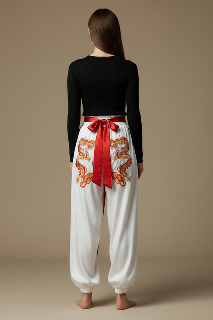 Pantalon Chinois Blanc Ample Dragon Brodé Satiné - vue 2