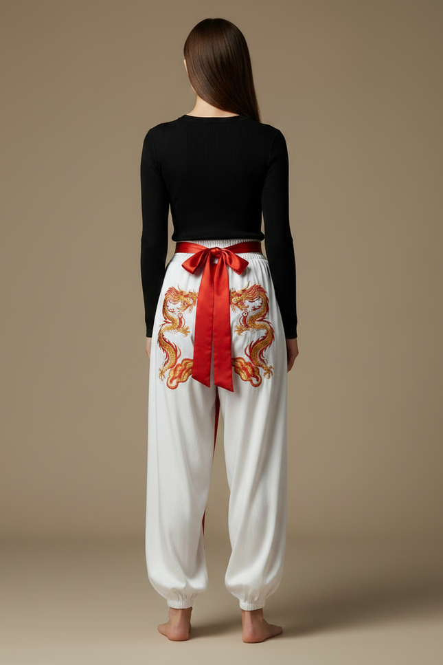 Pantalon Chinois Blanc Ample Dragon Brodé Satiné - vue 2