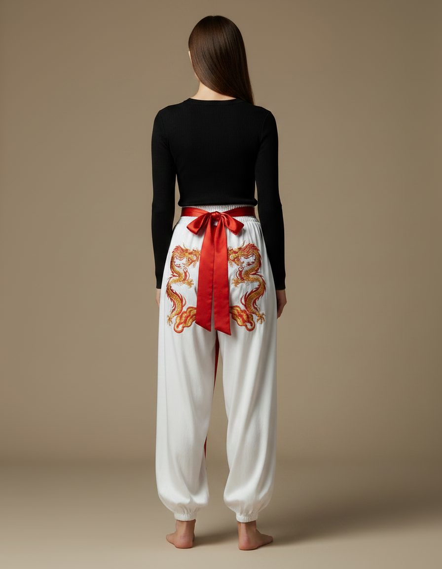 Pantalon Chinois Blanc Ample Dragon Brodé Satiné - vue 2