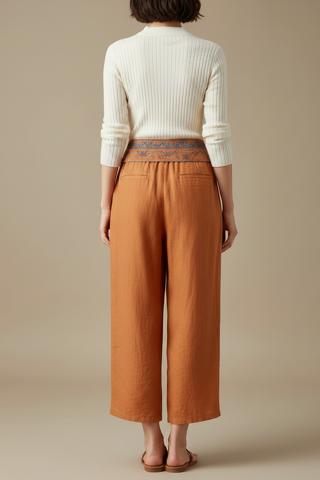 Pantalon Chinois Brodé Lin Ample Taille Haute - Orange - vue 2