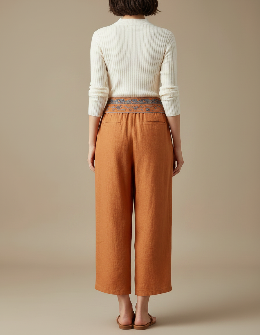 Pantalon Chinois Brodé Lin Ample Taille Haute - Orange - vue 2