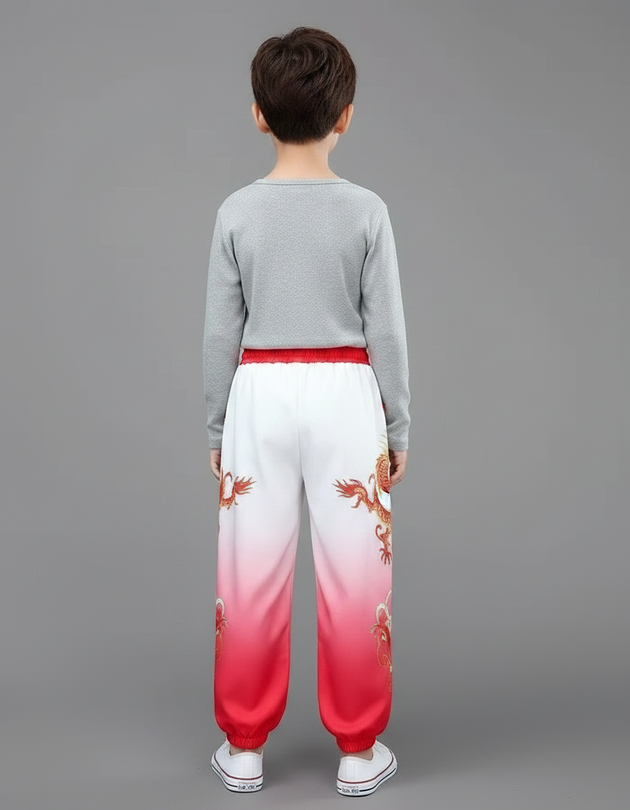 Pantalon Chinois Blanc Rouge Dégradé Dragon Brodé Enfant - Multicolore Polyester - vue 2
