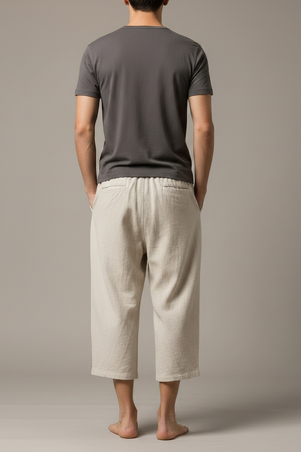 Pantalon Chinois Lin Coton Court Ample Homme - Beige - vue 2