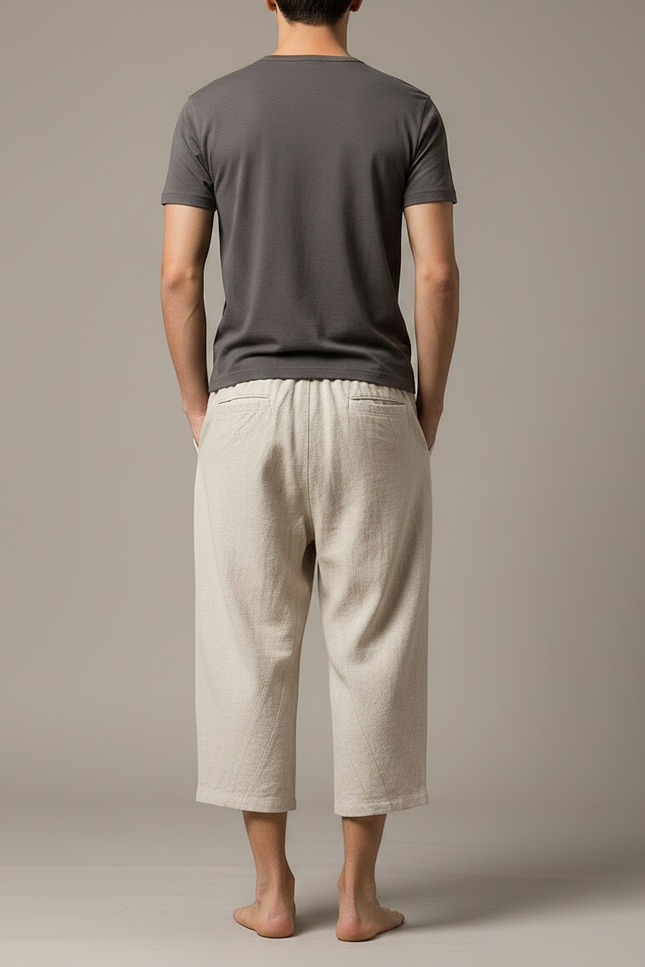 Pantalon Chinois Lin Coton Court Ample Homme - Beige - vue 2