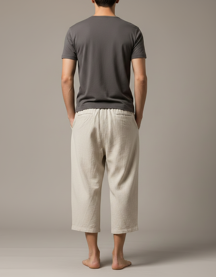 Pantalon Chinois Lin Coton Court Ample Homme - Beige - vue 2