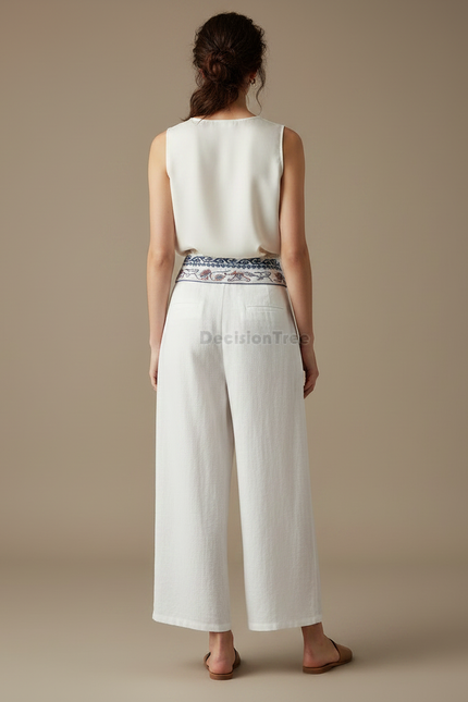 Pantalon Chinois Blanc Ample Brodé Lin Fluide - vue 2