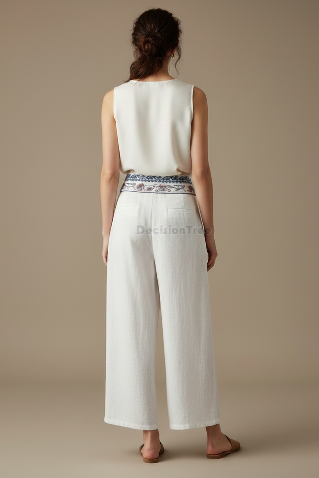 Pantalon Chinois Blanc Ample Brodé Lin Fluide - vue 2