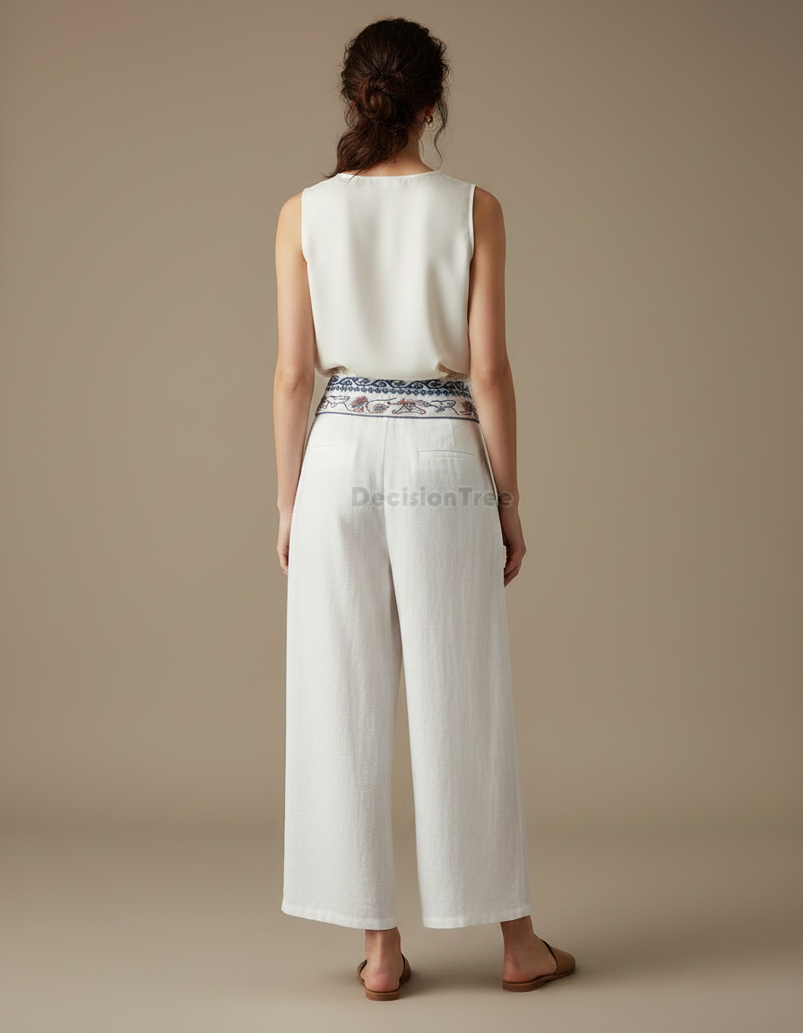 Pantalon Chinois Blanc Ample Brodé Lin Fluide - vue 2