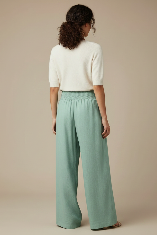 Pantalon Chinois Vert Fluide Ample Smocké Confortable - Lin - vue 2