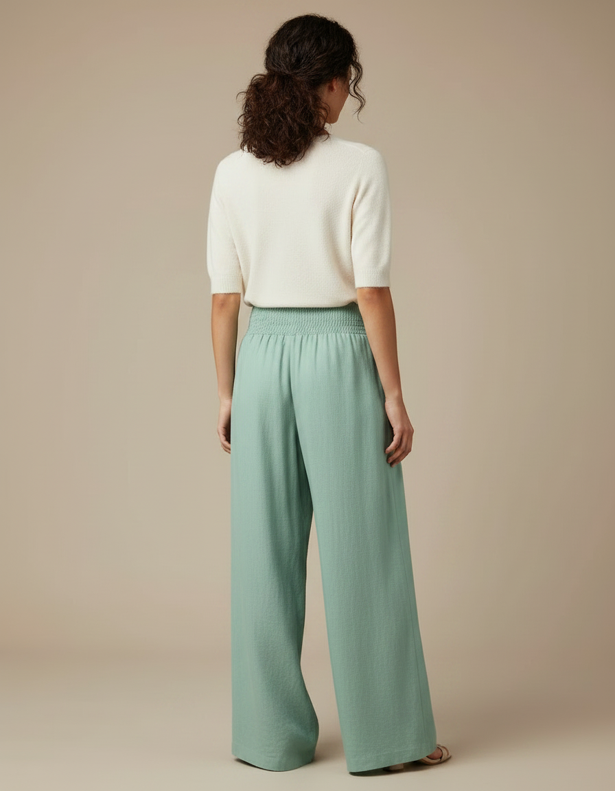 Pantalon Chinois Vert Fluide Ample Smocké Confortable - Lin - vue 2