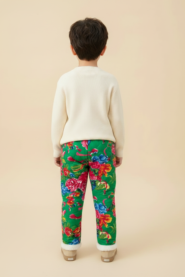 Pantalon Chinois Vert Floral Matelassé Enfant Doublé - Polyester - vue 2