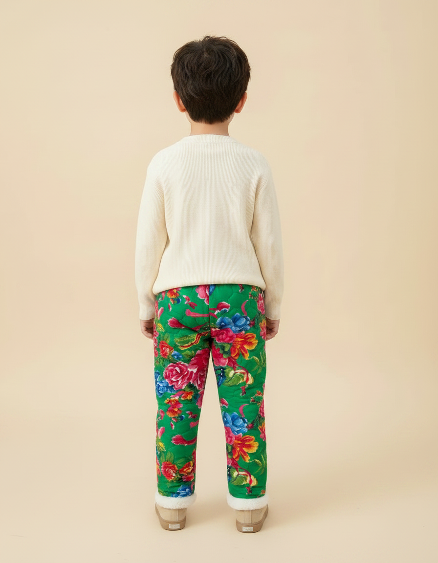 Pantalon Chinois Vert Floral Matelassé Enfant Doublé - Polyester - vue 2