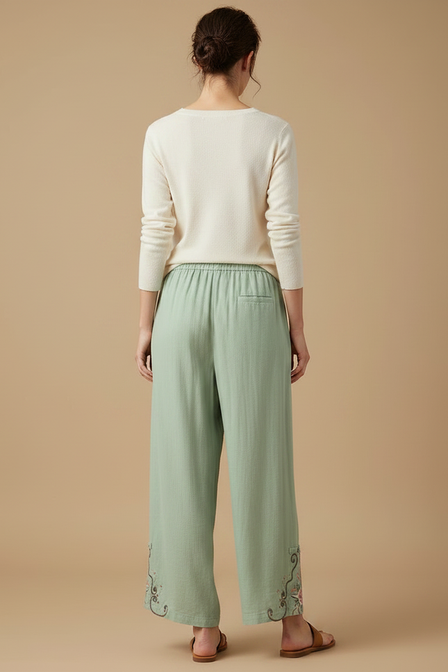 Pantalon Chinois Vert Fluide Brodé Élastique Femme - Lin - vue 2