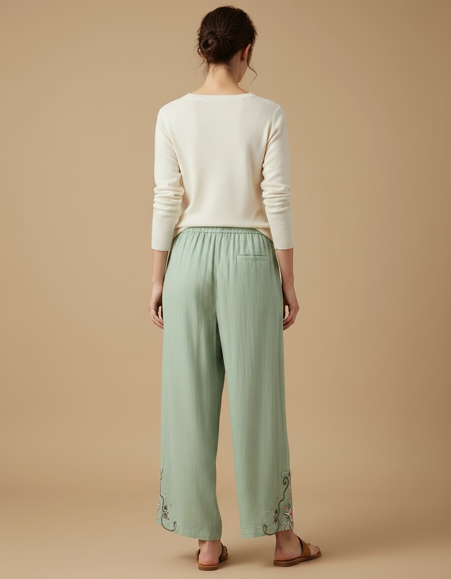 Pantalon Chinois Vert Fluide Brodé Élastique Femme - Lin - vue 2
