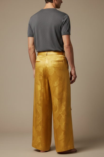 Pantalon Chinois Jaune Soie Jacquard Dragon Ample Homme - Doré - vue 2