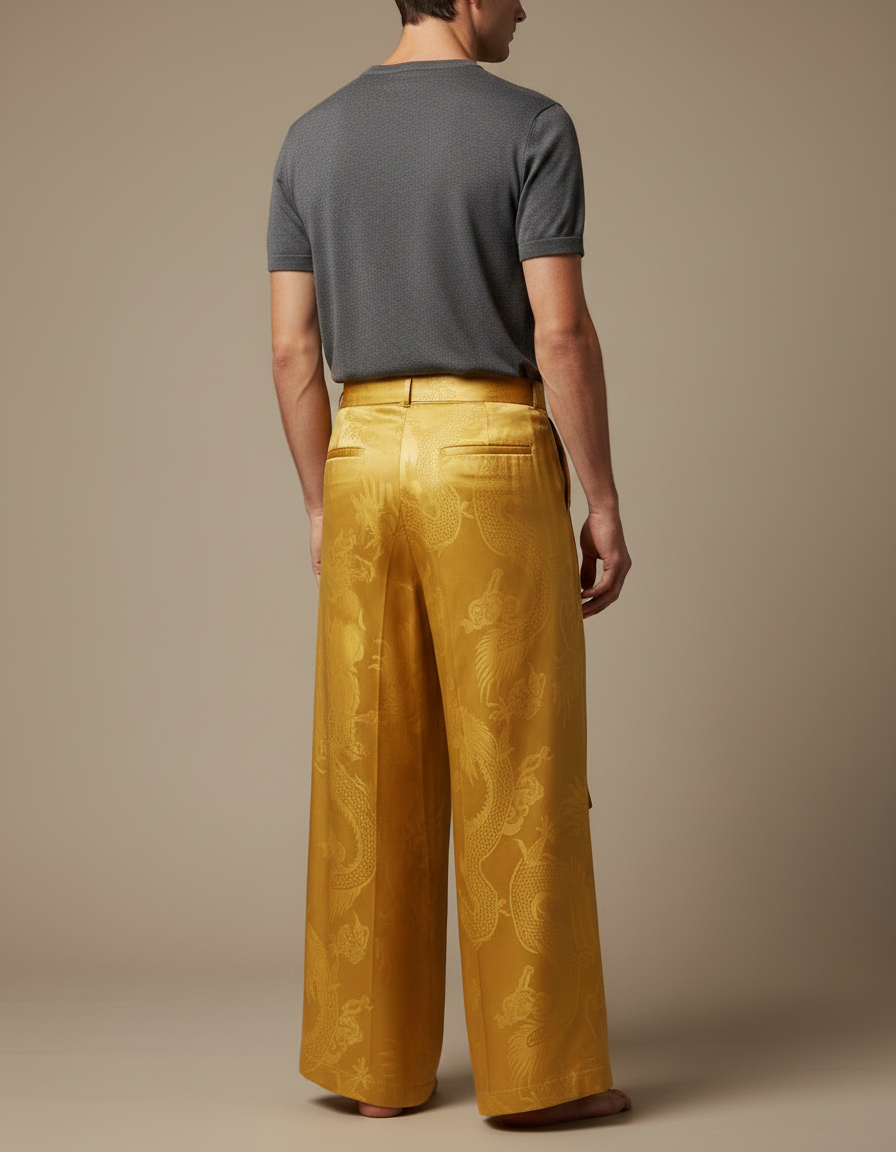 Pantalon Chinois Jaune Soie Jacquard Dragon Ample Homme - Doré - vue 2