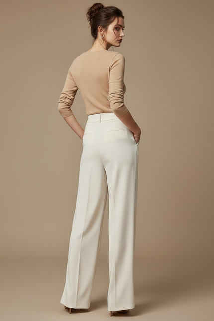 Pantalon Chinois Blanc Crème Taille Haute Fluide Chic - Viscose - vue 2