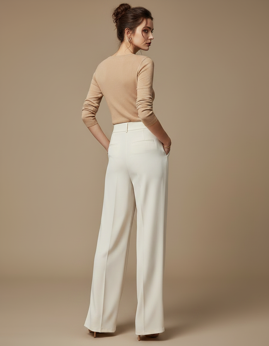 Pantalon Chinois Blanc Crème Taille Haute Fluide Chic - Viscose - vue 2