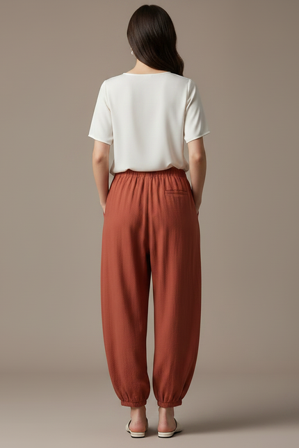 Pantalon Chinois Harem Coton Lin Ample Confortable Rouge Brique - vue 2