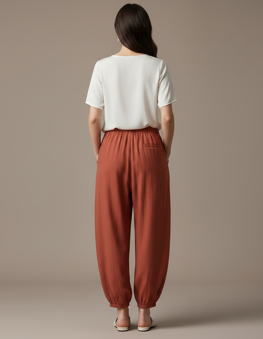 Pantalon Chinois Harem Coton Lin Ample Confortable Rouge Brique - vue 2