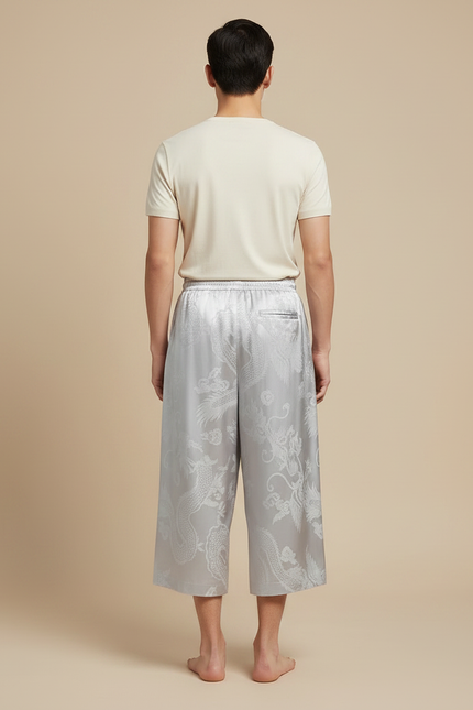 Pantalon Chinois Gris Ample Jacquard Dragon Soie Homme - Argenté - vue 2