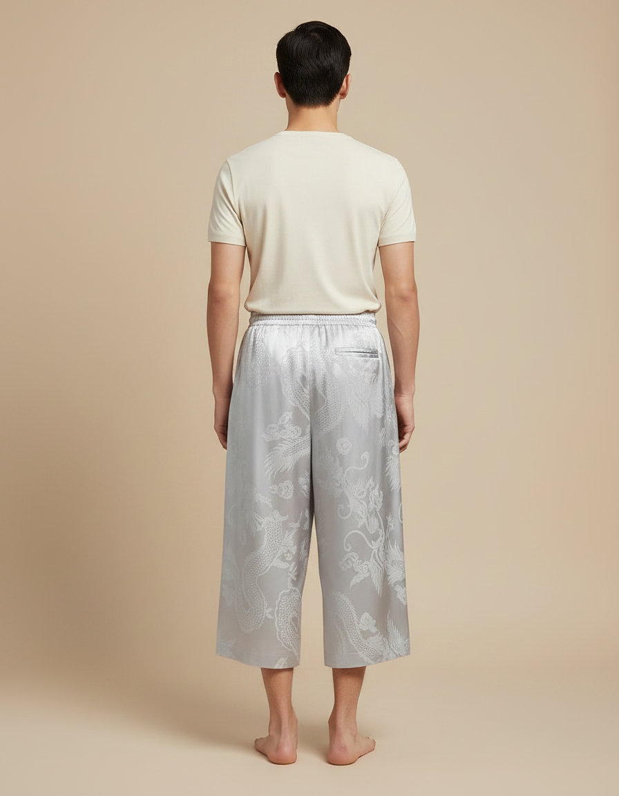 Pantalon Chinois Gris Ample Jacquard Dragon Soie Homme - Argenté - vue 2