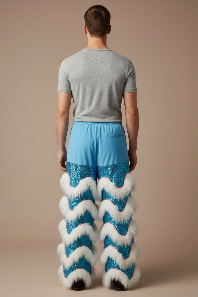 Pantalon Chinois Bleu Pailleté Blanc Fourrure Scène - Polyester - vue 2