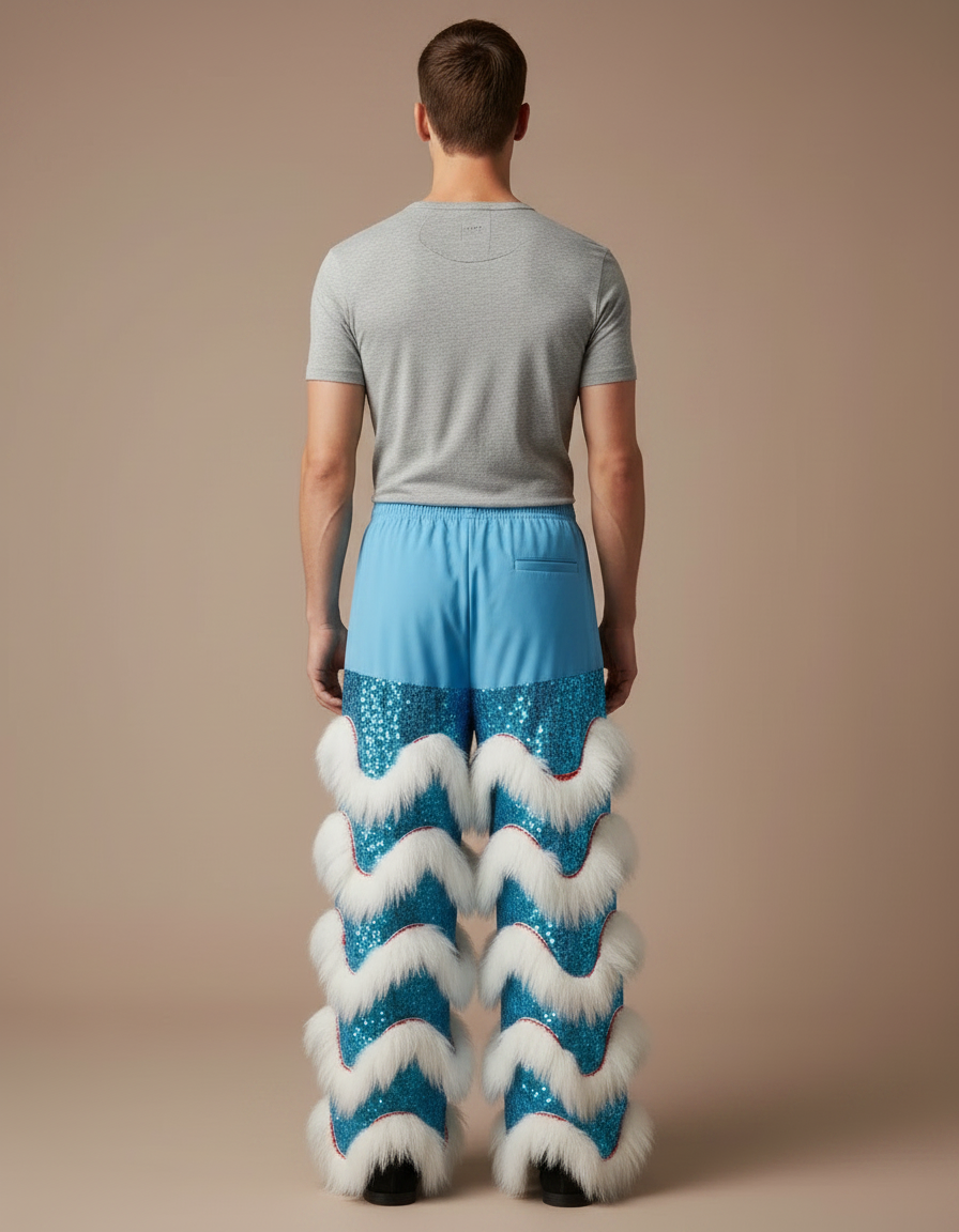 Pantalon Chinois Bleu Pailleté Blanc Fourrure Scène - Polyester - vue 2