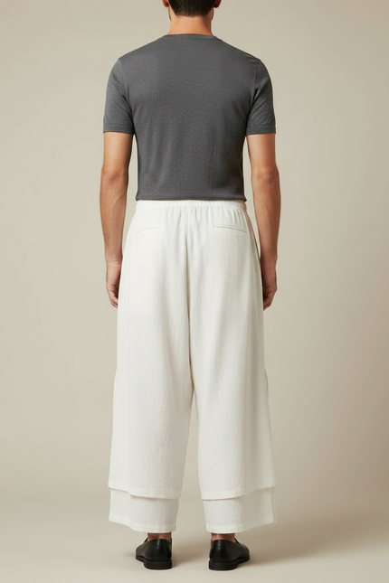 Pantalon Chinois Blanc Ample Lin Superposé Décontracté - vue 2