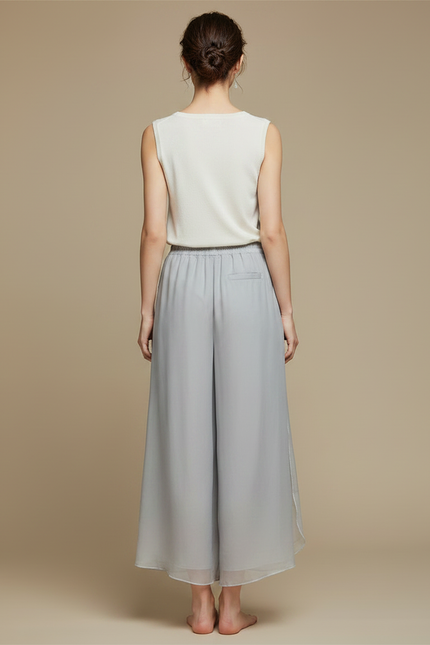 Pantalon Chinois Gris Fluide Brodé Transparent Femme - Soie - vue 2