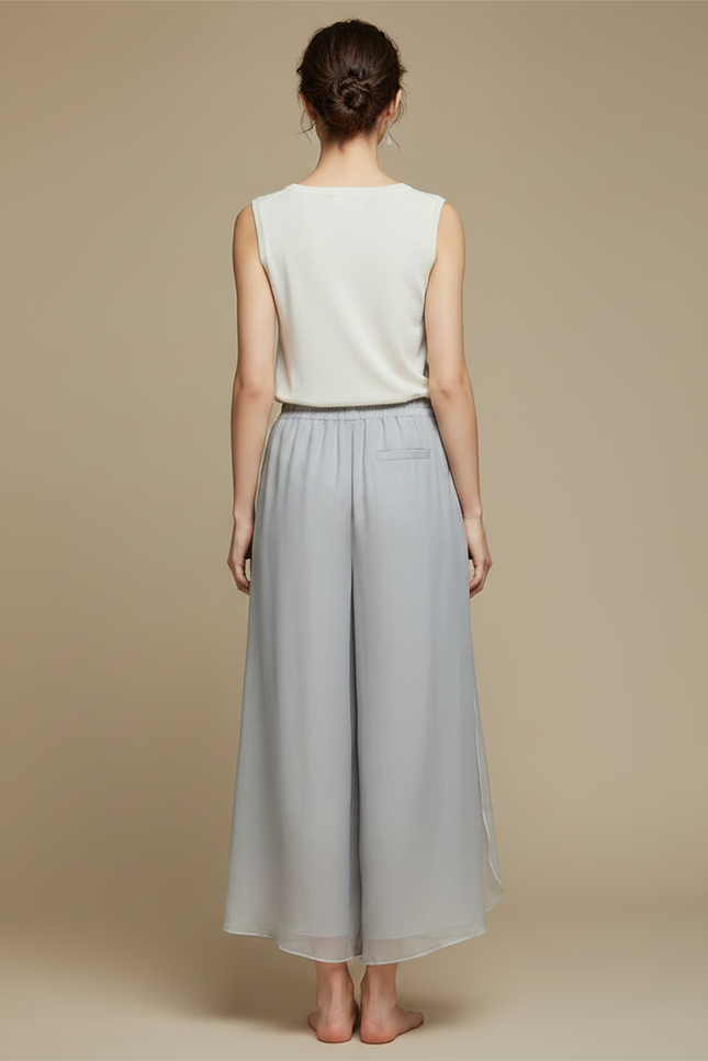 Pantalon Chinois Gris Fluide Brodé Transparent Femme - Soie - vue 2