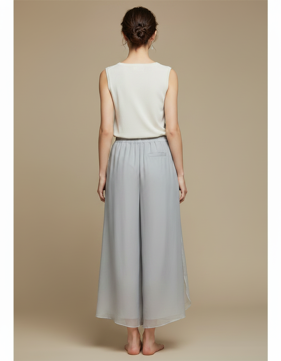 Pantalon Chinois Gris Fluide Brodé Transparent Femme - Soie - vue 2