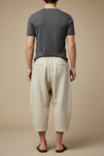 Pantalon Chinois Lin Ample Cordon Beige Décontracté - vue 2