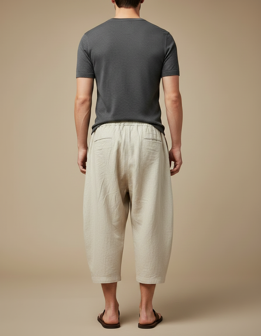 Pantalon Chinois Lin Ample Cordon Beige Décontracté - vue 2