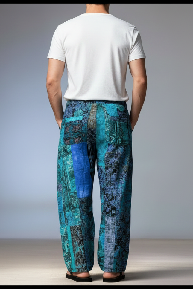 Pantalon Chinois Patchwork Abstrait Ample Coton Homme - Multicolore - vue 2
