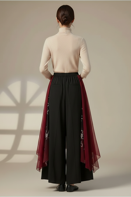 Pantalon Chinois Jupe Chiffon Encre Dégradé Élégant Femme - Noir Viscose - vue 2