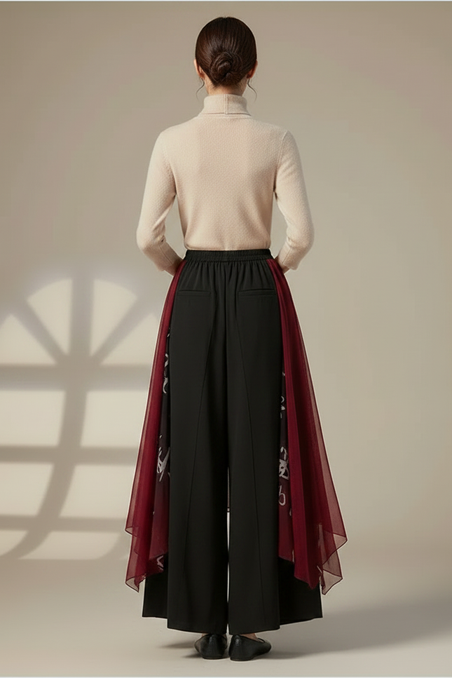 Pantalon Chinois Jupe Chiffon Encre Dégradé Élégant Femme - Noir Viscose - vue 2