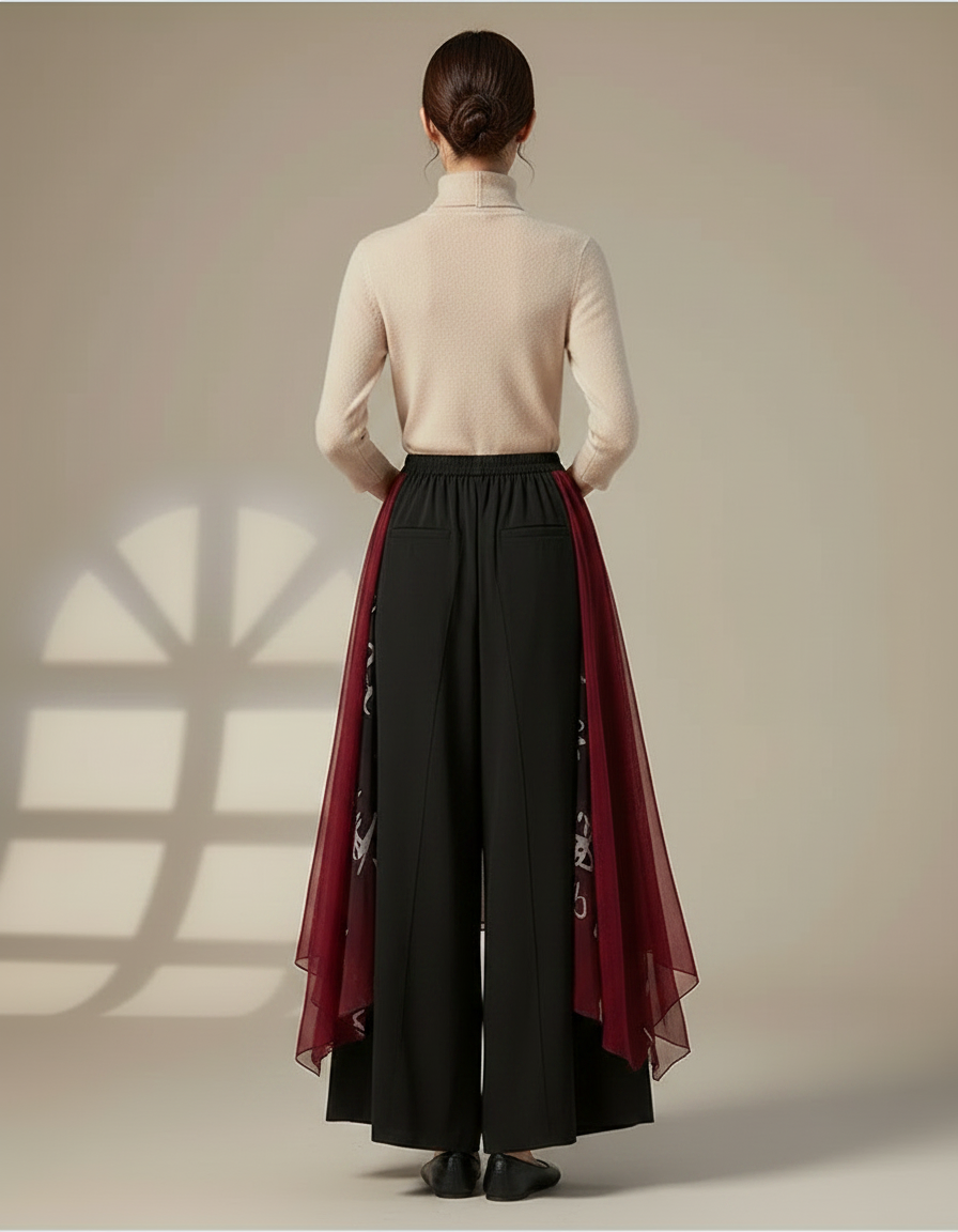 Pantalon Chinois Jupe Chiffon Encre Dégradé Élégant Femme - Noir Viscose - vue 2