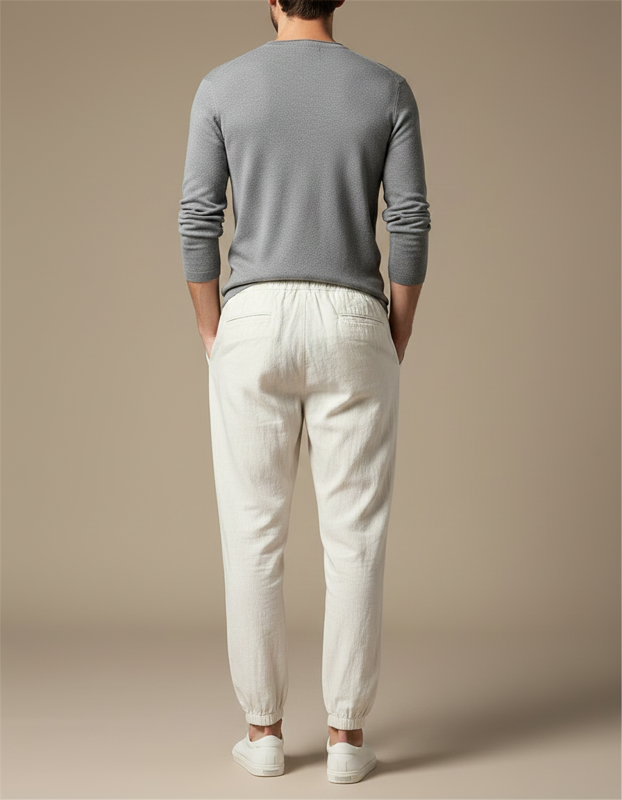Pantalon Chinois Lin Cordon Beige Ample Décontracté - vue 2