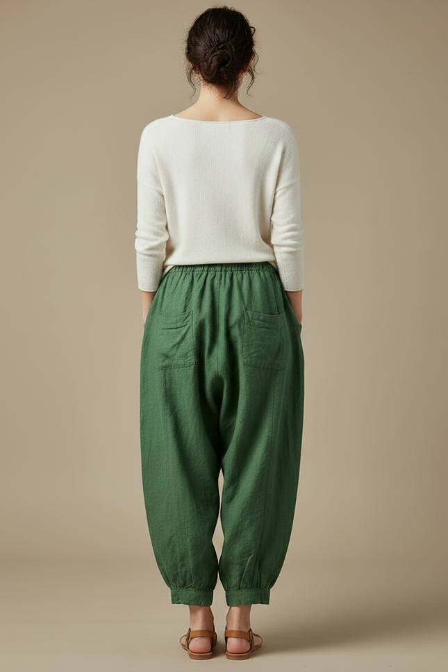 Pantalon Chinois Vert Ample Lin Harem Décontracté - vue 2