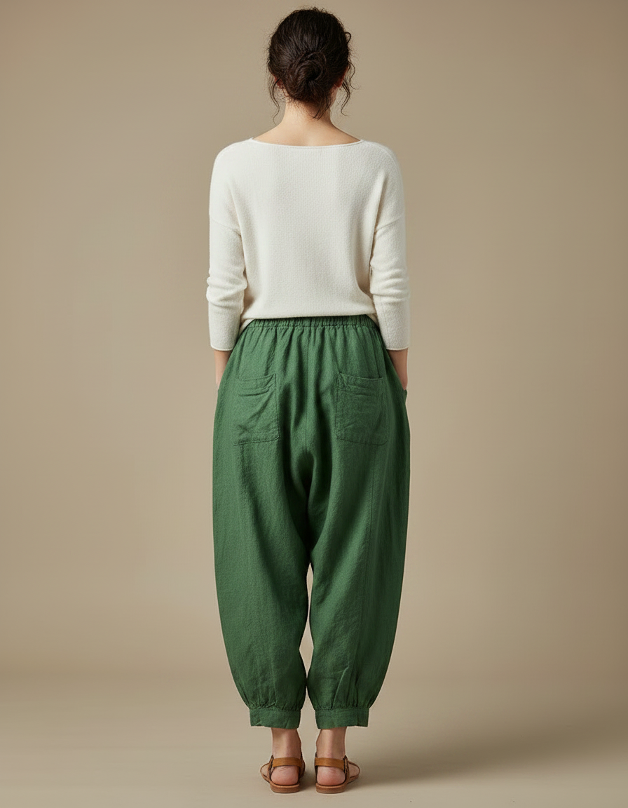 Pantalon Chinois Vert Ample Lin Harem Décontracté - vue 2