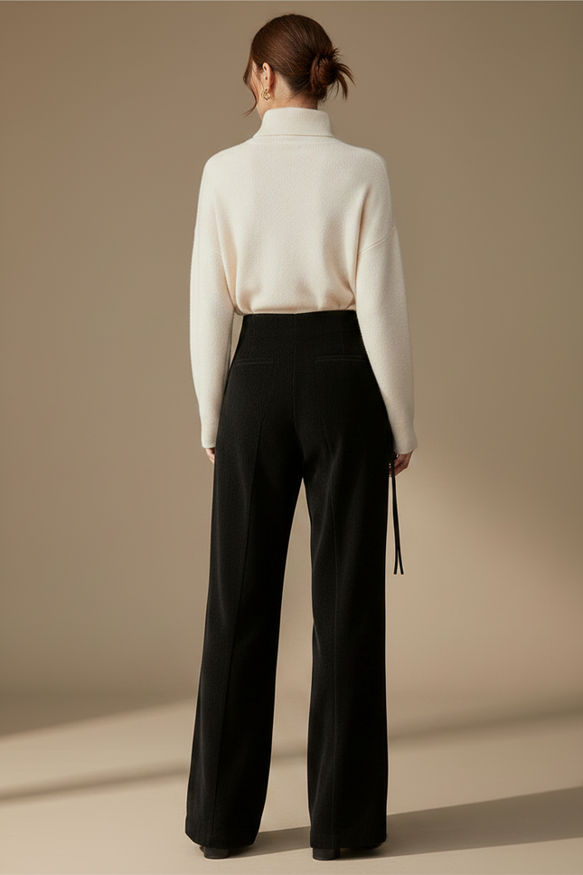 Pantalon Chinois Noir Corduroy Taille Haute Ample - Cordé - vue 2