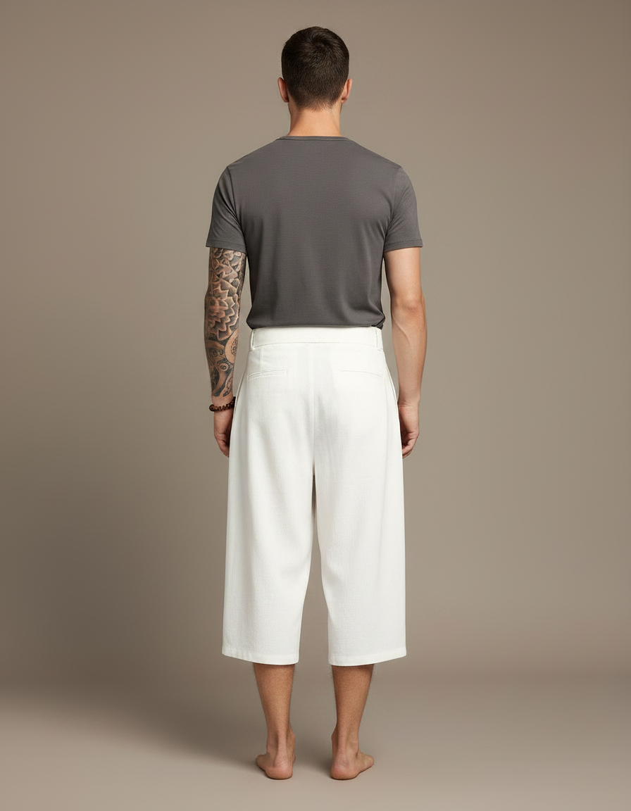 Pantalon Chinois Blanc Lin Ample Ceinturé Vagues - vue 2