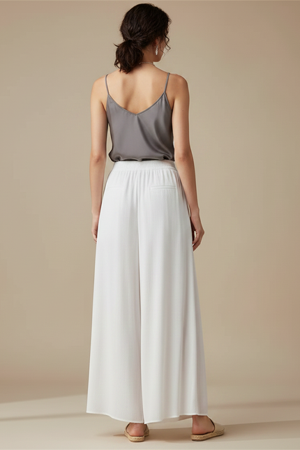 Pantalon Chinois Blanc Plissé Ample Fluide Élégant - Polyester - vue 2