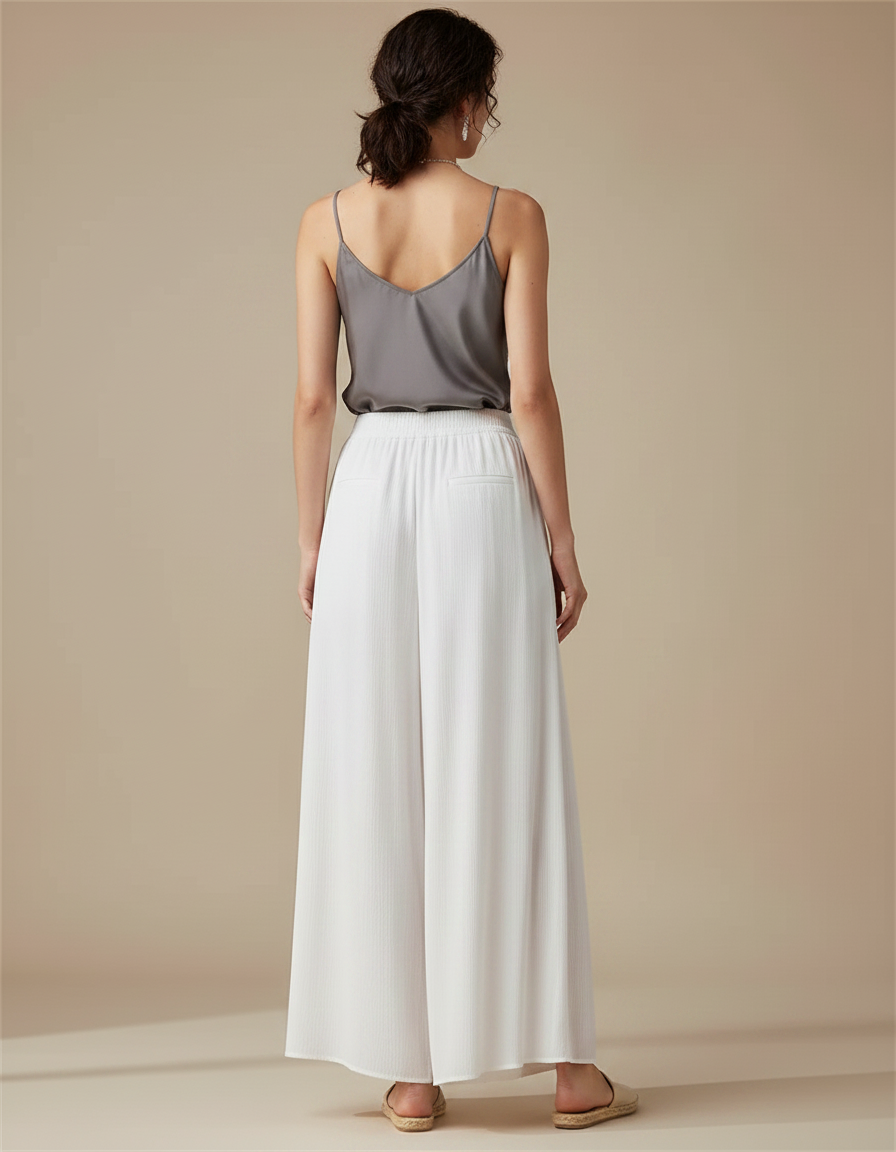 Pantalon Chinois Blanc Plissé Ample Fluide Élégant - Polyester - vue 2